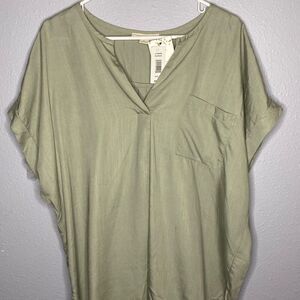 Ecothreads Seagrass Green Pleated Slouch Short Sleeve VNeck Top Blouse Size XL